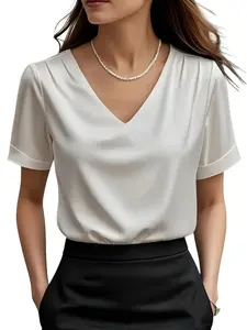 Women's Glossy Satin V-Neck Shirt, Elegant Commute Choice, Perfect for Dates, Slim-Fitting, All Seasons, Solid Pattern