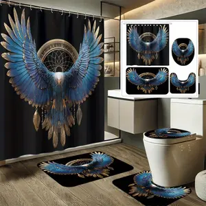 4pcs Dream Eagle Feather Crown Print Shower Curtain Set, Non-Slip Floor Mat, Toilet Lid, Bathroom Mat And 12 Plastic Hooks, Bathroom Shower Curtain Set, Home Decor, Bathroom Supplies, Restroom