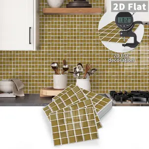 10PCS Per Box GST 2D Flat Olive Green Small Grid Mosaic Tile Stickers, PE Crystal Foam, Waterproof Oil-Proof Anti-Collision Wall Decor for Kitchen Bathroom