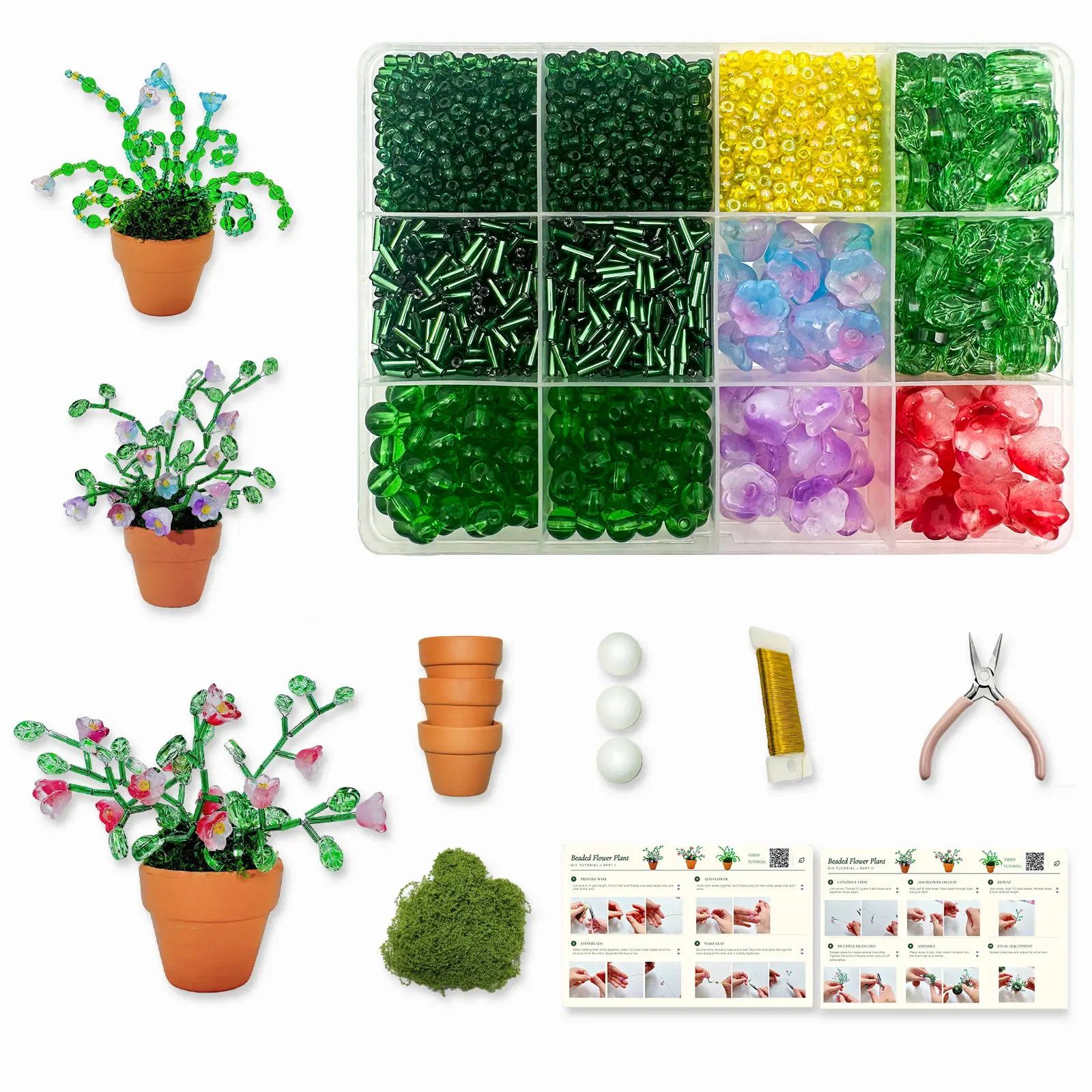 Green Glass Beaded Plant Kit, Bead Craft Kit to Make Beading Flower Leaf Plants Window Suncatcher DIY Desk Decor with Pots Tools and Video Tutorial for Adults & Teens Creative Gift for Mother’s Day