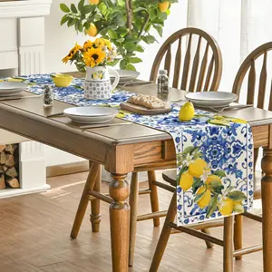 Lemon Blue And White Porcelain Summer Table Runner For Spring Kitchen Dining Table Family Gatherings 1pc Decorative Tablecloth