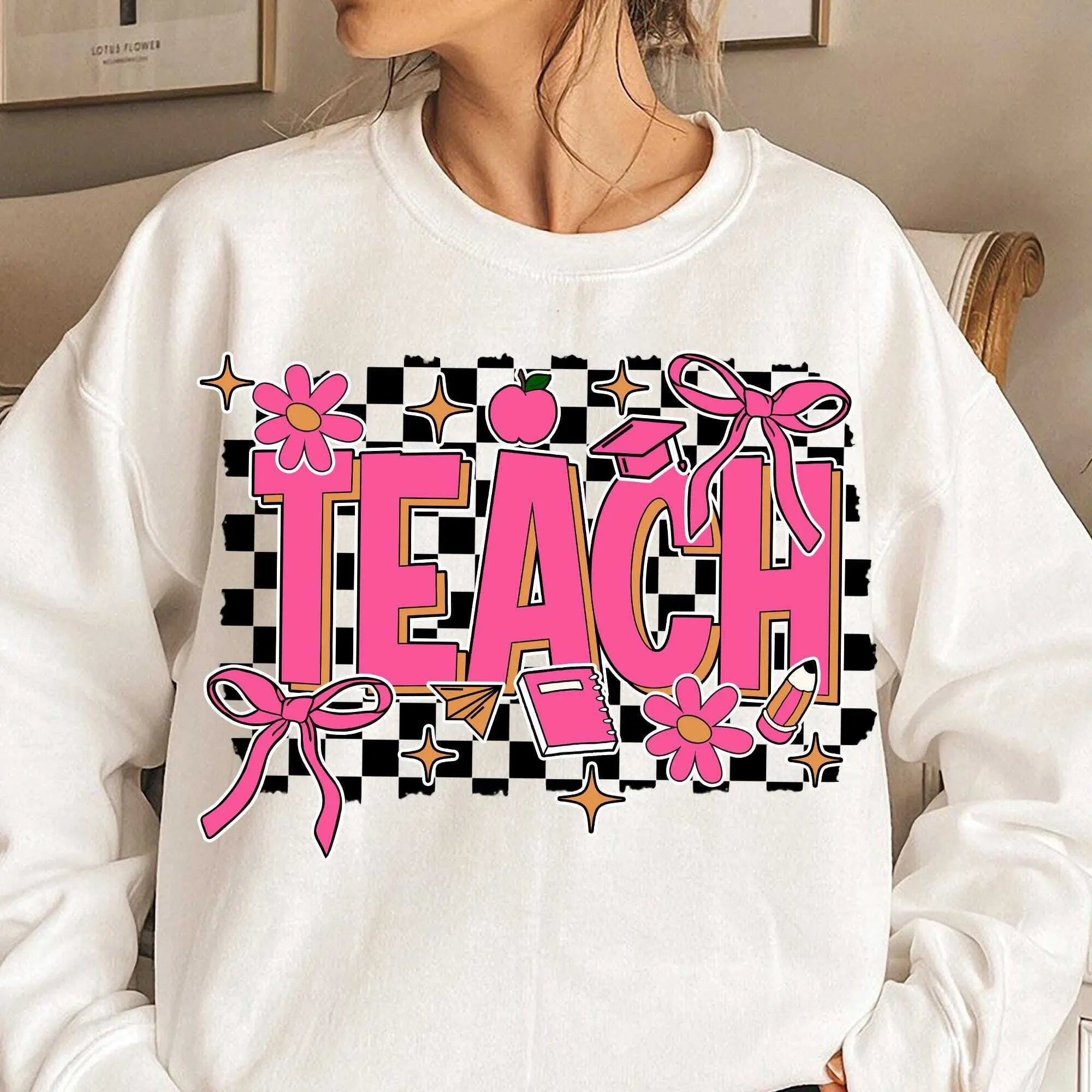 Floral Teach Checkered Coquette Bow Shirt, Teacher Floral Sweatshirt, Teacher groovy Hoodie, Teacher