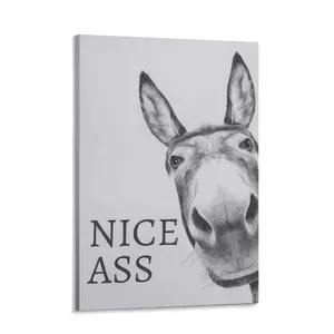 Funny Donkey Bathroom Wall Art Canvas Print Rustic Farmhouse Animal Poster “Nice Ass” Black White Bathroom Decor Waterproof Artwork