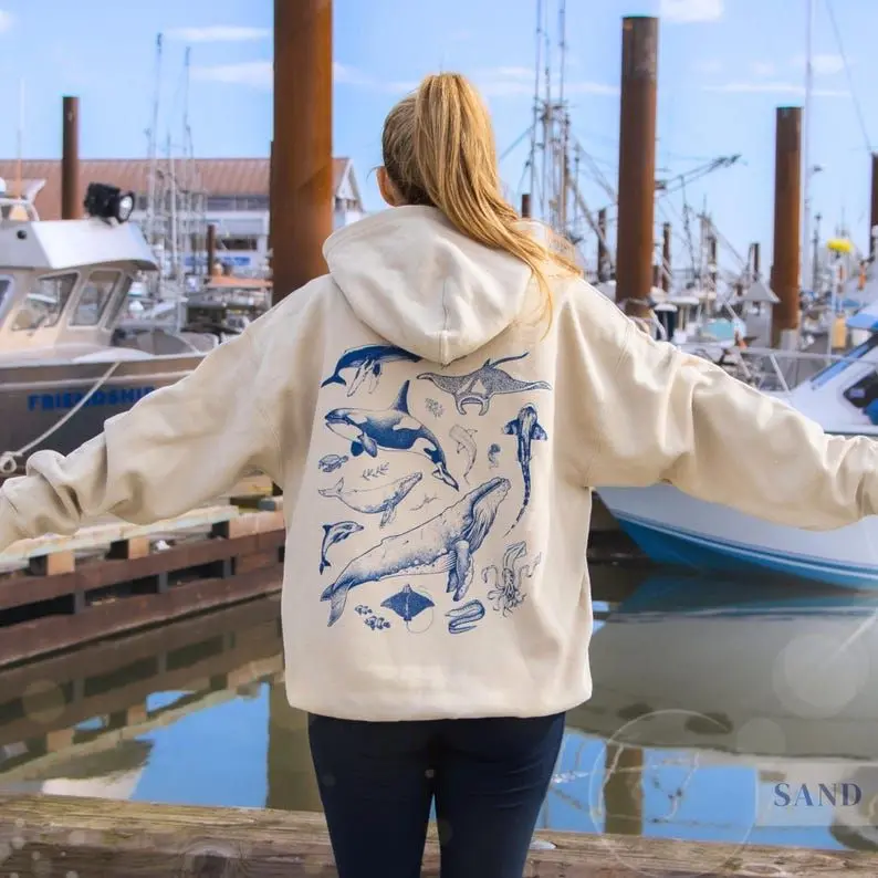 Underwater Sea Animal Vintage Hoodie Gift For Marine Biologist Ocean Sealife Nature Lover Oceancore Humpback Orca Jellyfish Pullover