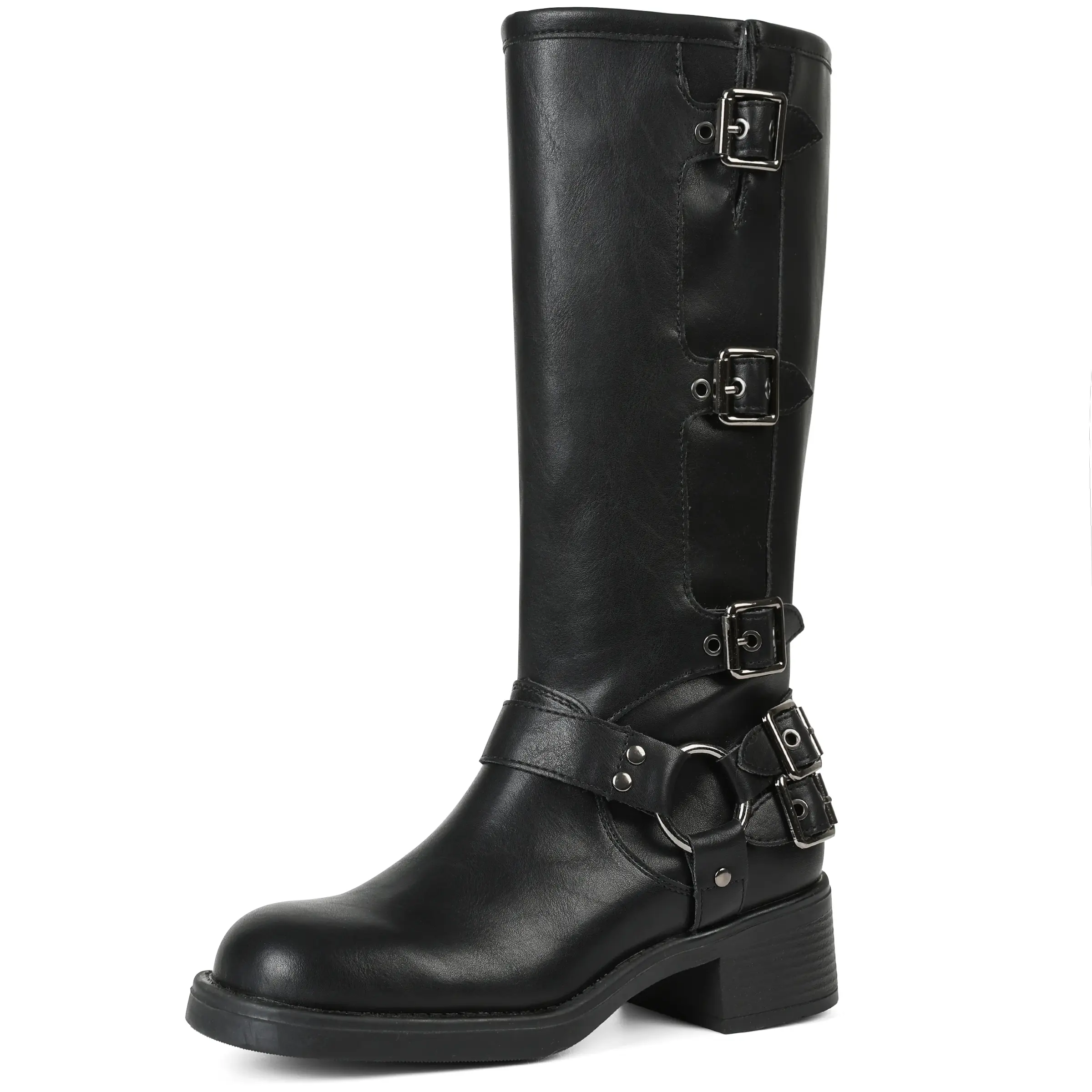 Women's Square Toe Boots in Faux Leather, Retro Mid-Height Motorcycle Boot Heels with a Side Zip