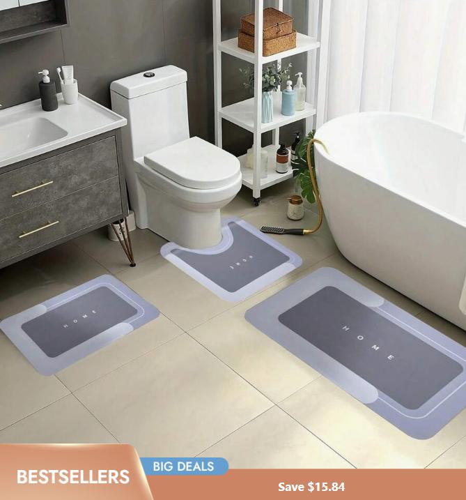 3-Piece HOME Design Bathroom Mat Set, Super Absorbent Microfiber Bath Rugs, Non-Slip Machine Washable U-Shaped Contour & Rectangular Floor Mats For Shower, Toilet, Hotel & Dorm