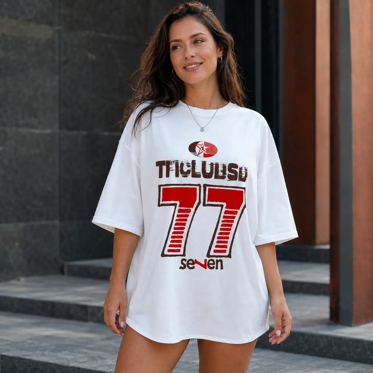 Women's 77 Graphic Cold Wash T-Shirt - Vintage Varsity Style, Oversized Unisex Retro Streetwear Top, Cold Wash Women's T-Shirts