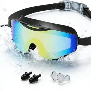 Adults Soft Silicone Swim Goggles,Swim Glasses,Large Frame HD Wide View，No Leaking ,Anti-Fog, UV Protection,High Elasticity Adjustable Spectacle Strap , Built-in Anti-Fall Integrated Earplugs ,with Extra Nasal Congestion and Ear Congestion
