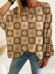 Women's Casual Knit Top, Checked Pattern, Long Sleeve Design, Loose Fit, Perfect for Spring & Summer, Ideal for Daily Wear, Knitwear