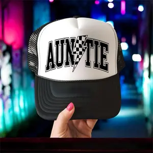 Auntie checkered lightening bolt Trucker Hat (Black & White)