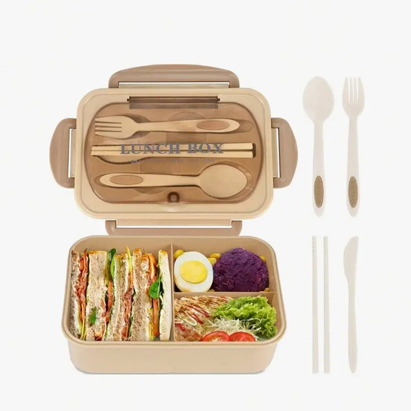 Adult Lunch Box Set, Bento Lunch Box, Bento Boxes, Bento Container, Unisex, 3 Compartments, Includes Cutlery, Sauce Jar, Pancake Liner, Microwave and Dishwasher Safe, Brown, Kitchen, Christmas Gift