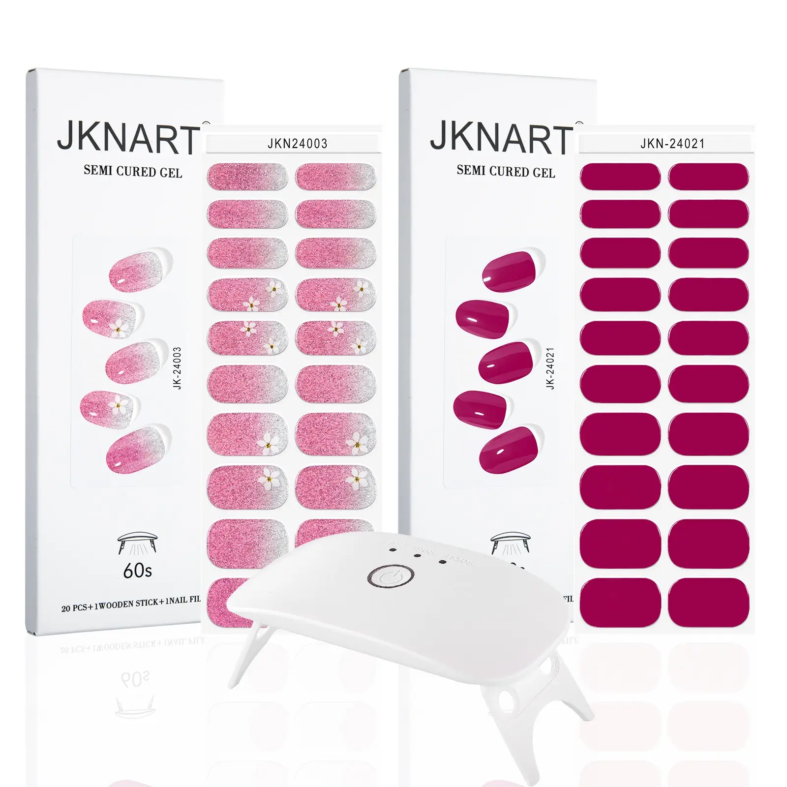 Jknart Nail Art Kit, DIY Nails Art, 2 Boxes Semi-Cured Gel Stickers + UV Lamp, Easy Home Manicure, No Damage, Simple Operation, Gel Nails Kit