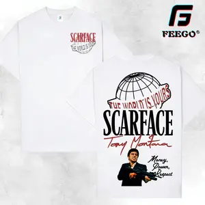 FEEGO Vintage Scarface Double-Sided Tee Tony Montana "The World is Yours" 100% Cotton Oversized Y2K Streetwear Unisex Casual Fashionable Sporty Style Perfect for Movie Fans and Streetwear Enthusiasts