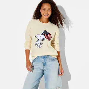 Women's Snoopy American Flag Graphic Pullover Sweater - Ivory S