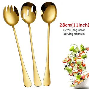 3/6 Counts, 28cm Extra Long Stainless Steel Salad Serving Fork Spoon Strainer, Mirror Polished, Dishwasher Safe, Perfect for Christmas Thanksgiving Party Buffet Banquet