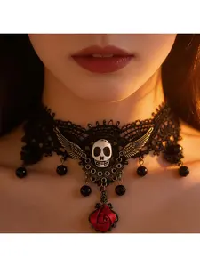 Gothic Halloween Necklace for Women with Skeleton Pendant Rose Design Lace Inspired Dark Elegant Locket Chain Fashion Jewelry Accessory
