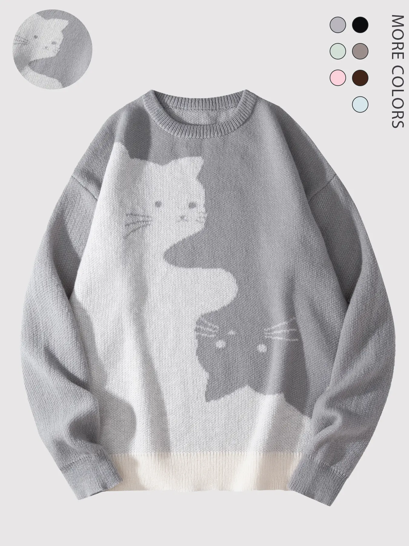 Men's Cute Whimsical Cat Print Baggy Long-Sleeve Round Neck Knitwear Sweater - Soft Polyester Clothes, Autumn/Winter Casual Menswear Tops, Ideal Gifts