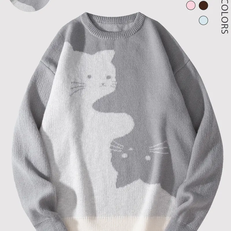 SAND SOUND Men's Round Neck Knitwear - Baggy Long-Sleeve Cat Print Sweater, Soft Polyester Fabric, Autumn/Winter Work Office Casual Tops, Ideal Gift,sohochic