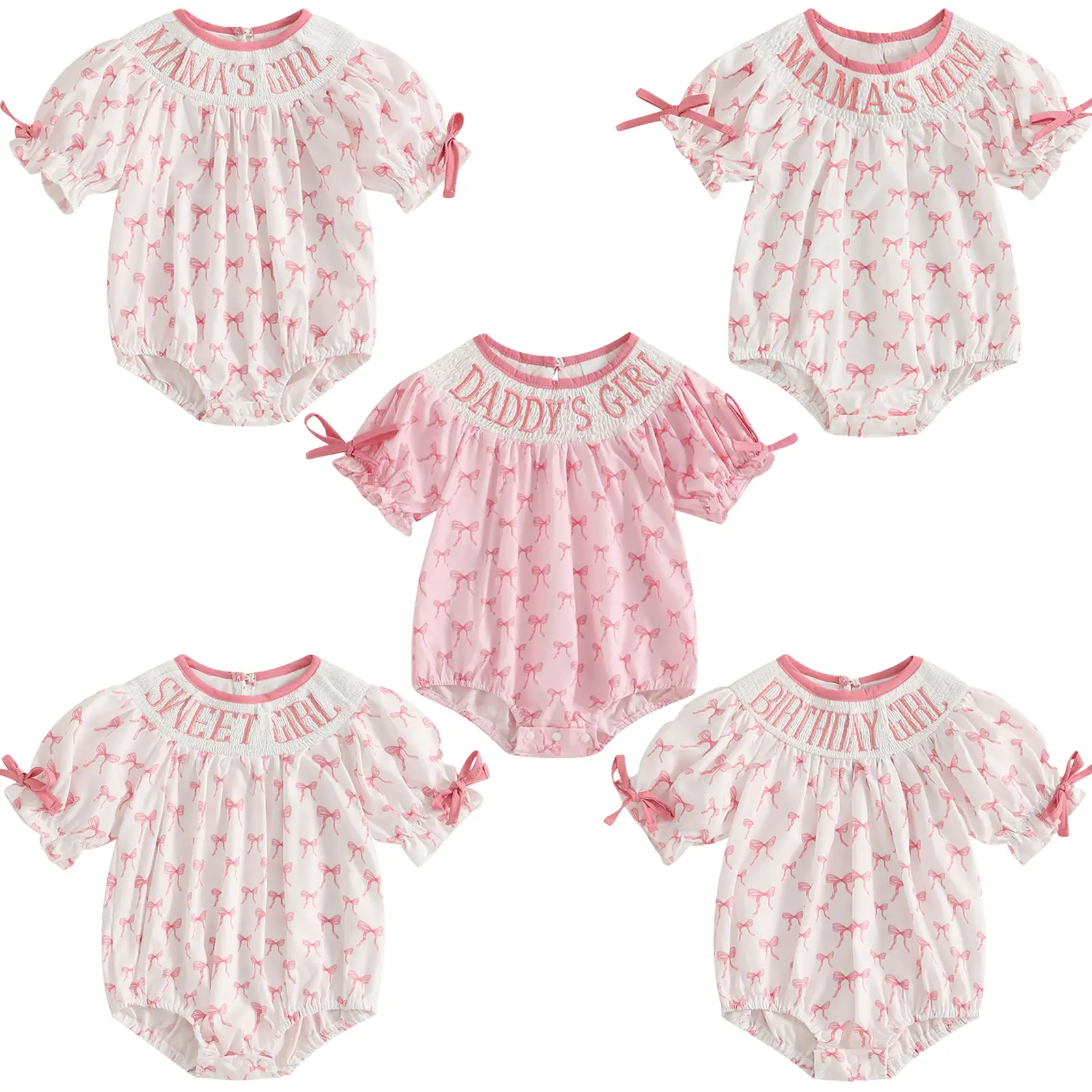 Newborn Baby Girl Romper Mamas Mini Sweet Mama's Girl Daddy's Girl Bow Plaid Print Puff Sleeve Smocked Bubble Romper Jumpsuit Bodysuit Summer Clothes