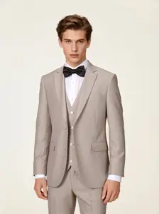 Men's Three-Piece Formal CHAMPAGNE Suit with Notch Lapel Vest Flap Pockets Tailored Design Long Sleeve Workwear Wedding Guest Outfits Fitted Stylish Beige Black Plain Menswear Set