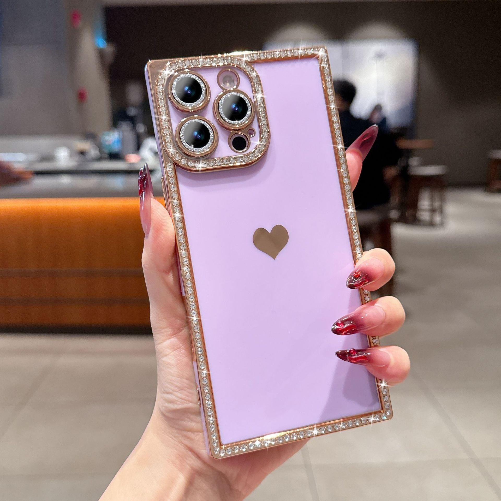 Luxury Rhinestone Square Edge Phone Case, Bling Diamond Full Camera Protection Shockproof Cover with Heart Design for IP 16 Pro max, 15 plus, 14, 13 junk