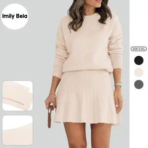 Imily Bela Womens Skirt 2 Piece Sweater Set Long Sleeve Crewneck Sweaters Pleated Mini Skirt Knit Lounge Sets