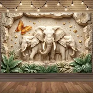 Large Size Stone Carving Elephant Family Group Photo Background Wall Hanging Tapestry - Home Decoration- High Definition Digital Printing-Polyester- Suitable Living Room Bedroom Office Hostel with Free Hanging