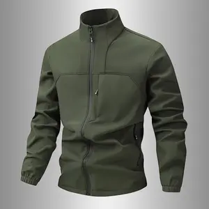 Menswear Stand Collar Fleece Softshell Jacket, Long Sleeve Plain Stylish Autumn Winter Casual Coat, Men's Tops Army Green