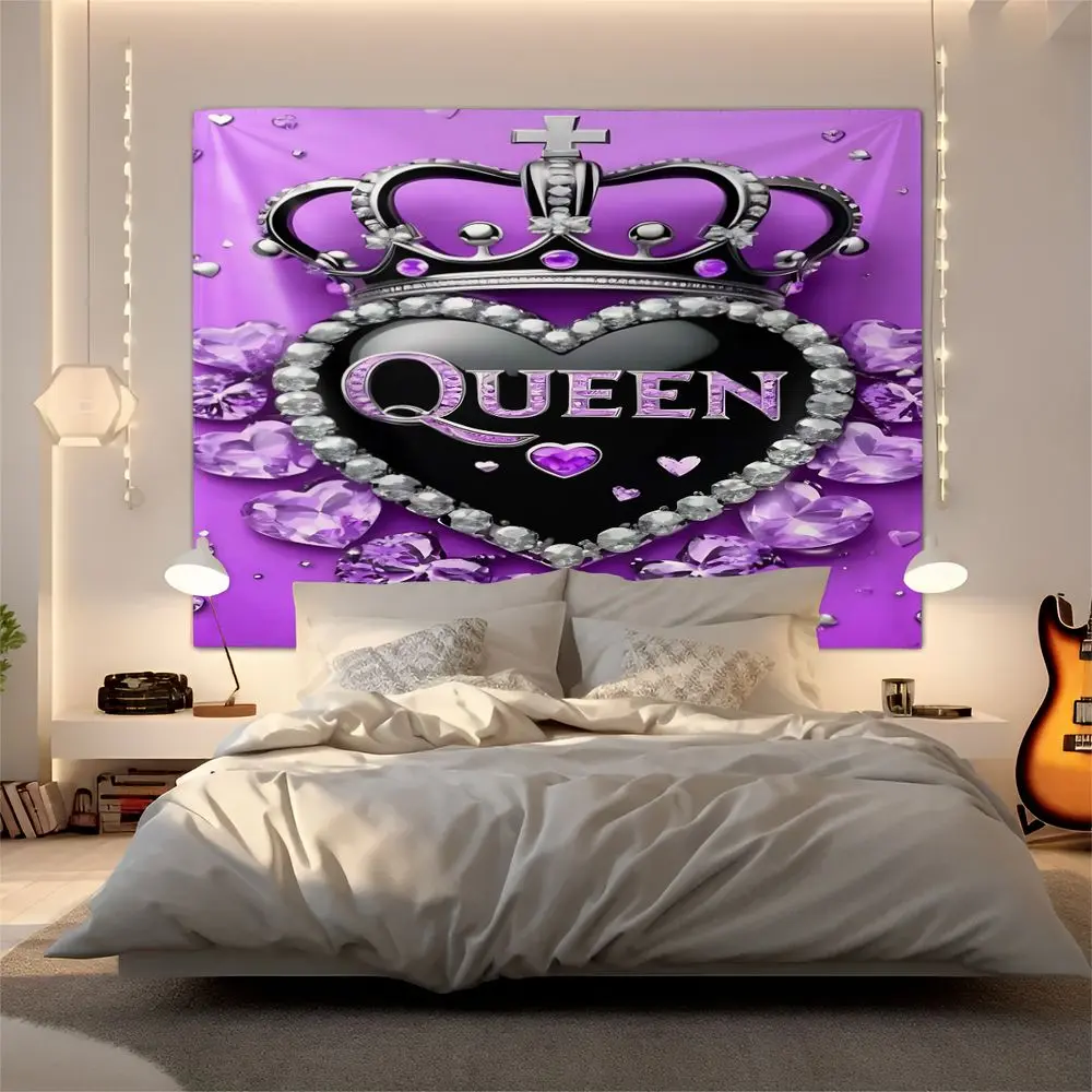 Glamorous Royal Crown & Heart Design Tapestry, Luxurious Purple Wall Hanging Tapestry, Y2K Glam Digital Print Wall Tapestry, Feminine Home Decor, Stylish Wall Art for Bedroom, Living Room & More, Stunning Queen Theme Tapestry