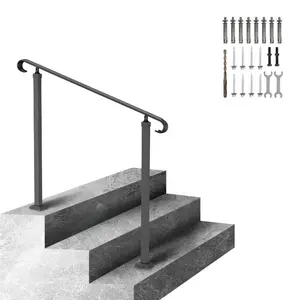 Wrought Iron Outdoor Stair Handrails, Black Adjustable for 1-3 Steps, Weatherproof Front Porch Railing, Compatible with Concrete/Wood Steps, Transitional Design