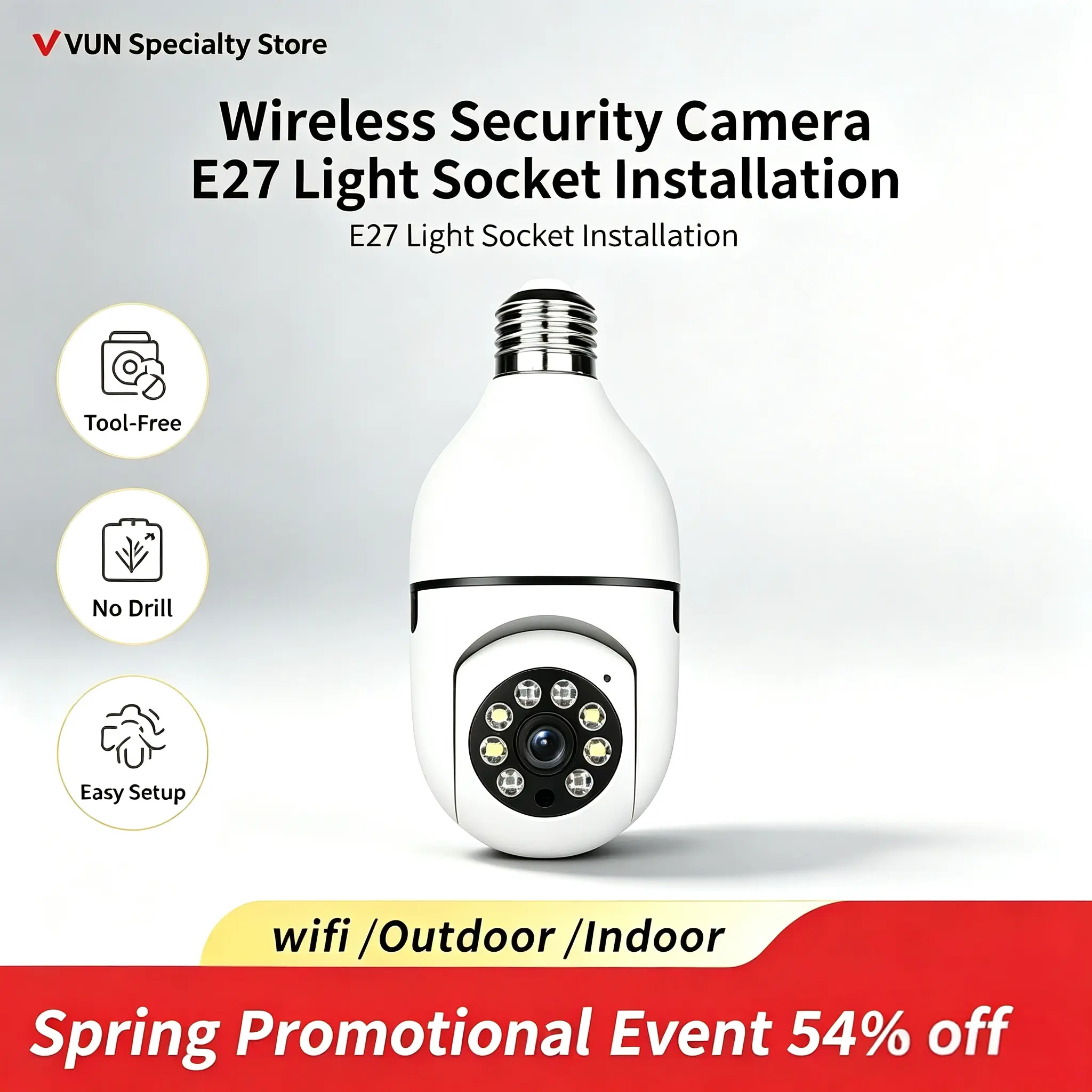 【Halloween Gift】VUN  Light Bulb Camera - Cordless Wireless Security Camera, Dual Lens Surveillance, 5G/2.4G Dual WiFi, AI Tracking for Motion, 2-Way Audio, US Local Cloud, Safety Socket, Easy Installation, Outdoor Gadget