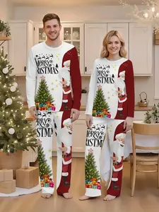 Couple's large-sized Christmas long-sleeved and long pants home wear and pajama set, Christmas tree + letter print, round neck design, family gathering, Christmas gift