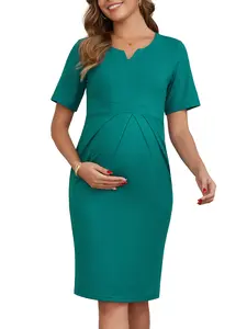 INSPIRE CHIC Women's Work Maternity Dresses Semi Formal Short Sleeve V-Neck Front Pleated Office Pregnancy Business Dress