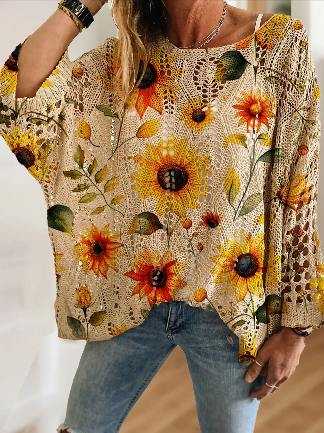 Women's Sunflower Floral Print Round Neck Long Sleeve Knit Hollow Out Top, Casual Elegant Vacation Style Sweater, Comfortable Breathable Loose Fit