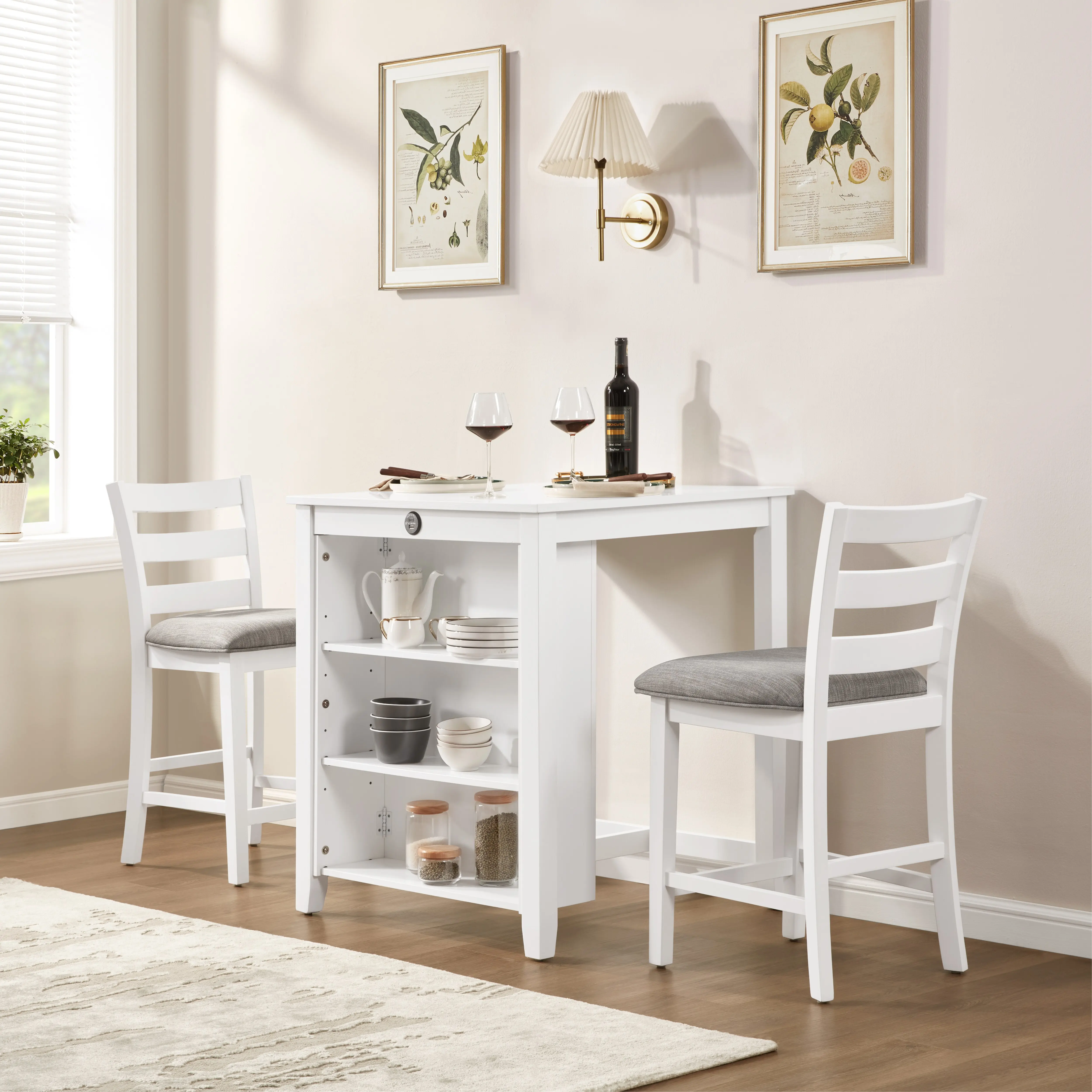 30" Modern Dining Table Set for 2 with Charging Station & 3-Tier Adjustable Storage |   Space-Saving Kitchen Set with Upholstered Chairs