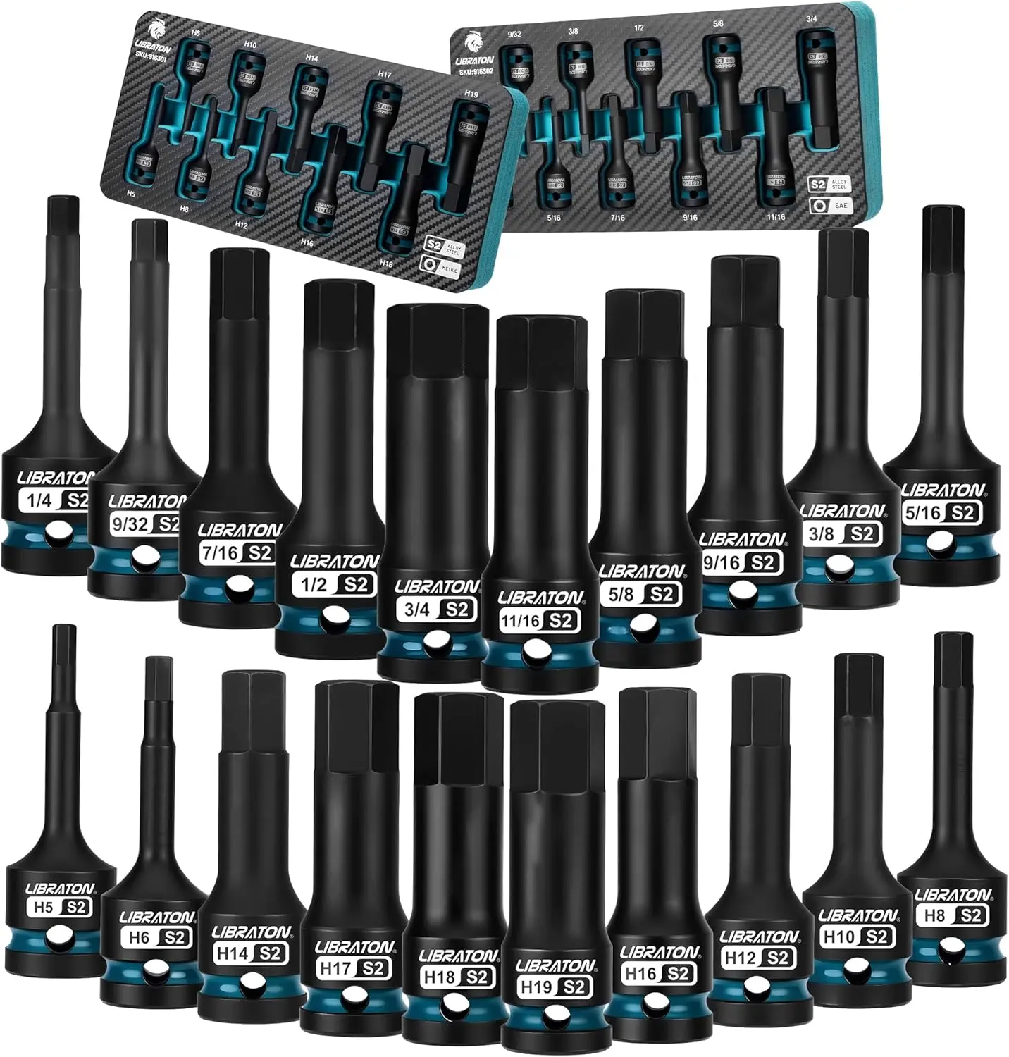 Libraton Impact Hex Bit Socket Set, 1/2" Dr, S2 Steel, Metric & SAE 20PCS (H5-H19 & 1/4"-3/4") High Torque Sockets for Professional Mechanics & Automotive Repair (XPE Storage Cases)