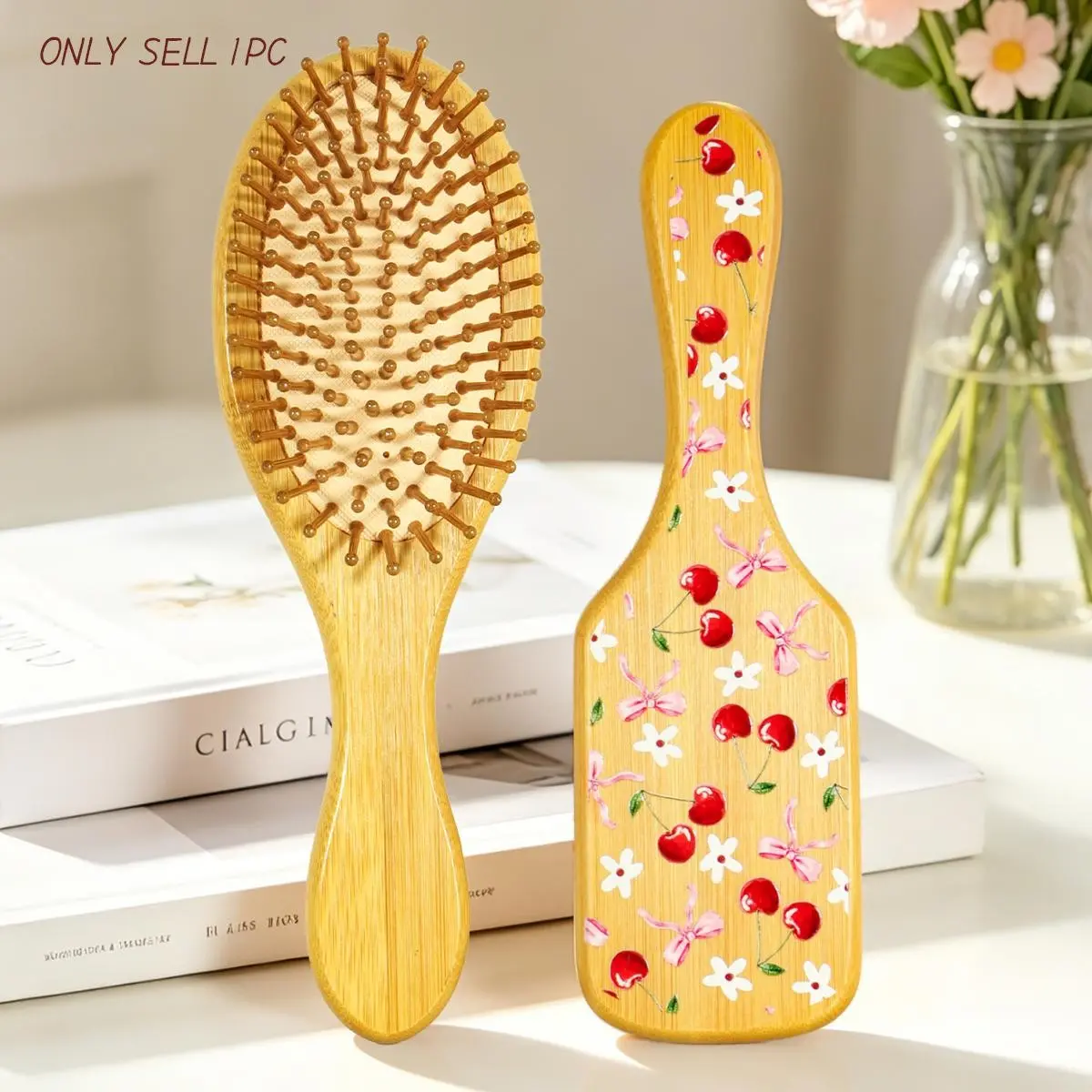 Bamboo Massage Comb with Soft Air Cushion Design, Cherry Bow Flower Pattern, Anti-Static Hair Brush for Women, Perfect Gift, Hair Tools