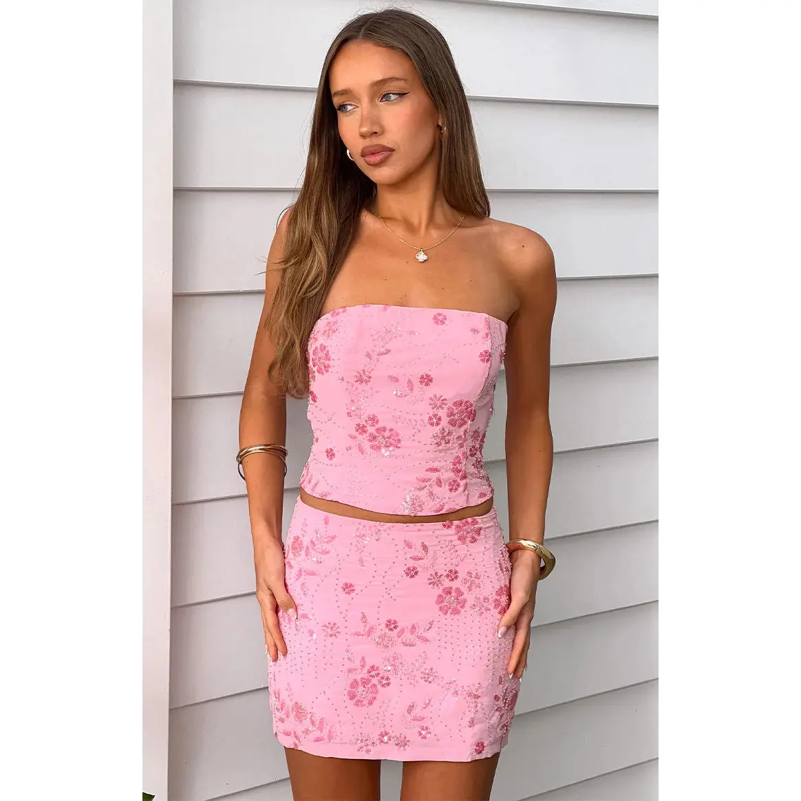 Eivissa Light Pink Beaded Mini Skirt