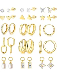 Small Gold Hoops Earrings for Women 14K Gold Plated Huggie Hoop Earrings Lightweight Hypoallergenic Stud Earrings Set with Cubic Zirconia Pearl Charm Set-Earrings Stacks for Women No Tarnish Earring Stacking Set