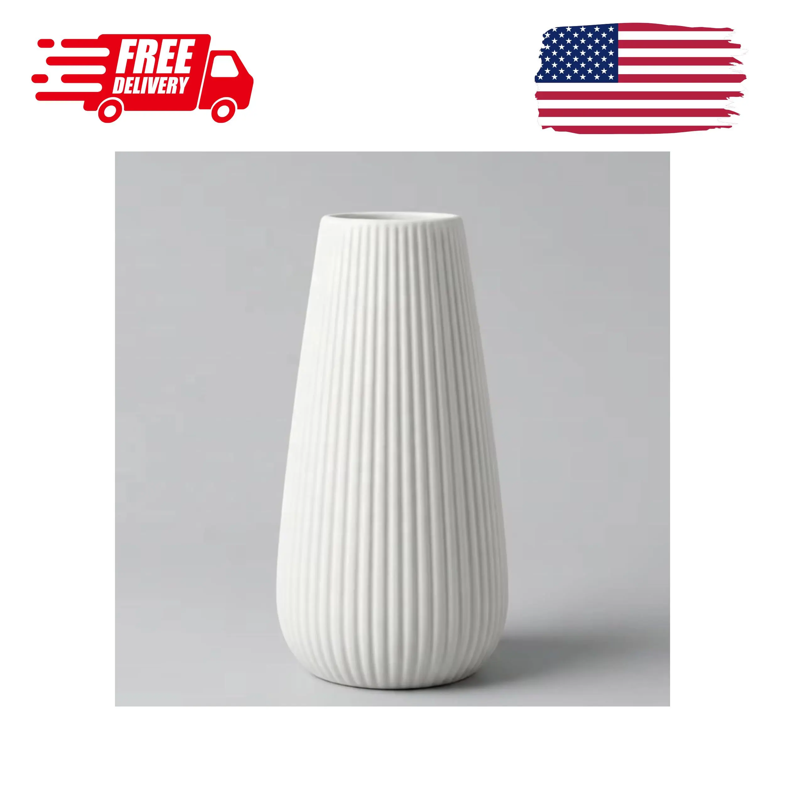 White Ceramic Vase, 8 Inch Modern Ribbed Design