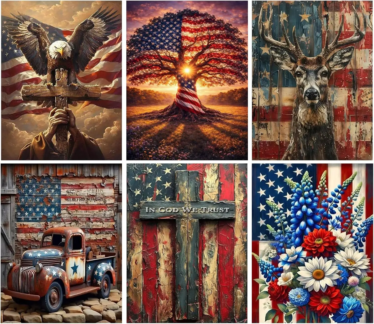 5D DIY Diamond Painting Kit, Vintage Patriotic American Flag Animal Floral 6‑Piece Art Set, Retro Country Canvas Wall Decor Craft for Home