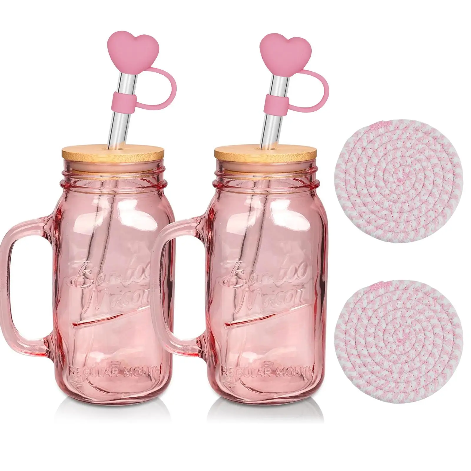 Mason Jar Glass Cup with Lid & Handle, 24oz Pink Drinking Glasses Glassware Colored Glass Cups with Straws for Home Office Back to School, Halloween,