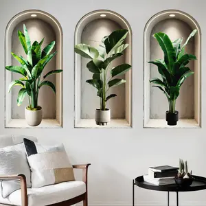 3-piece set, Nordic green plant themed simulated arched window flower basin wall sticker, self-adhesive removable decorative sticker, Vinyl Wall Stickers, suitable for wall decoration in living rooms, dining rooms, and study rooms