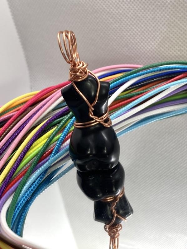 Black Obsidian Goddess Pendant with Colorful Cord Necklace for Women Elegant Obsidian Body Pendant Hand Wrapped in 100% Copper