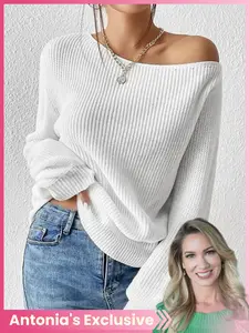 Antonia's Exclusive,Women's Solid Drop Shoulder Asymmetrical Neck Fitted Knit Top, Casual Long Sleeve Jumper for Fall & Winter, Women's Sweater for Daily Wear