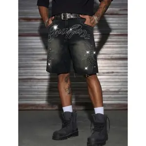Men's Rhinestone Denim Shorts Y2K Hip Hop Streetwear, Black Distressed Jean Shorts with Letter Crystal Applique, Baggy Casual Summer Jorts, Fashion Gothic Graphic Bermuda Shorts for Men