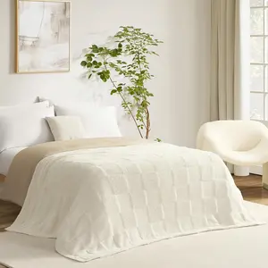Checkered Throw Blanket Faux Fur Microfiber for Couch,Cozy Soft Warm Blanket for Sofa Bedroom Living Room,Ivory,60x80 inches