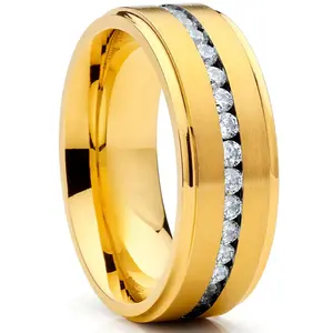 Titanium Men's Eternity Goldtone Wedding Band Ring Cubic Zirconia CZ 8MM