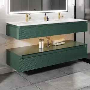 Segeo 60" Modern Solid Oak Floating Bathroom Green Vanity Cabinet with Artificial Atone Countertop