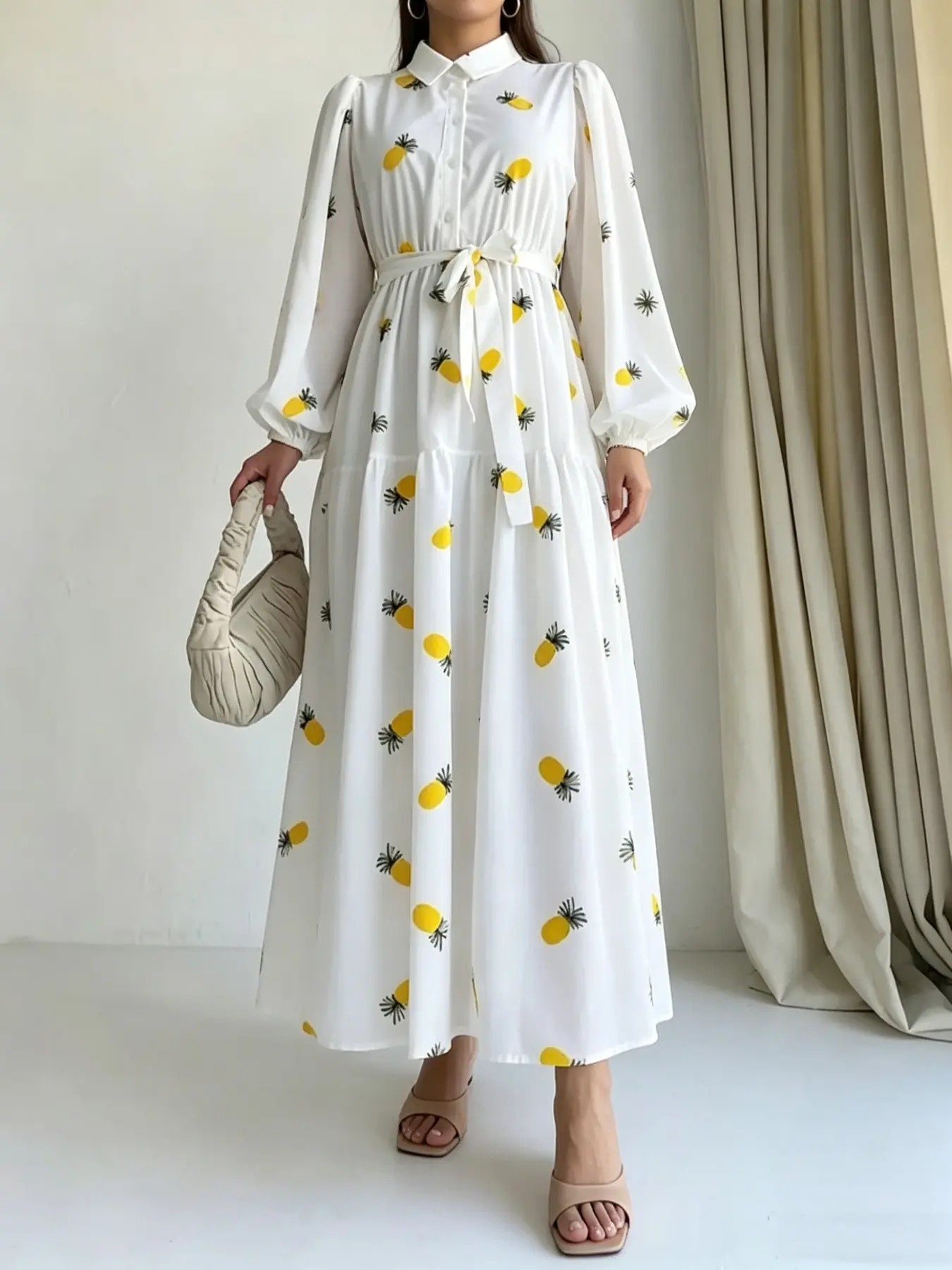 Pineapple Print Tiered Dress, Sweet Casual Vibe, Puff Long Sleeves, A-Line Skirt, Wrinkle-Resistant, Ideal for Daily Wear/beach Days